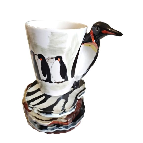Hand-painted Ceramic Mug (13.66oz) Penguin & Animal Print Coaster Set Coffee Tea - Picture 4 of 4